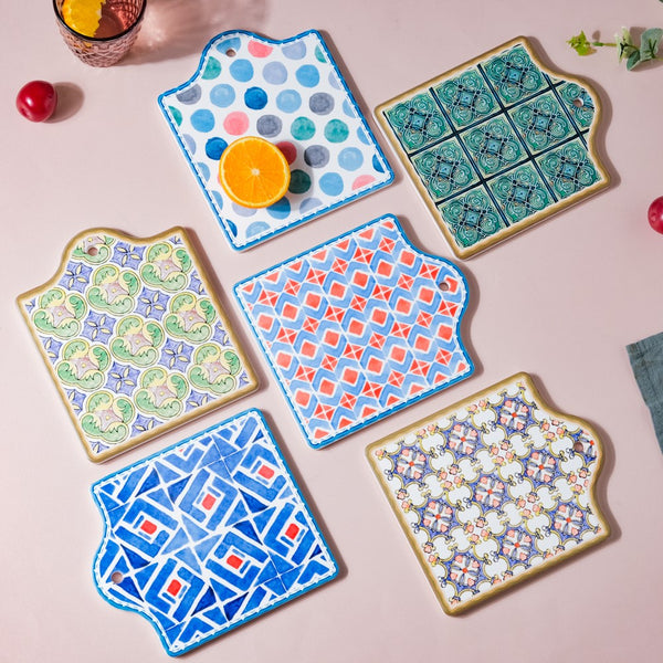 Geometric Hand Painted Patterned Platter Blue 7 Inch - Ceramic platter, serving platter, fruit platter | Plates for dining table & home decor