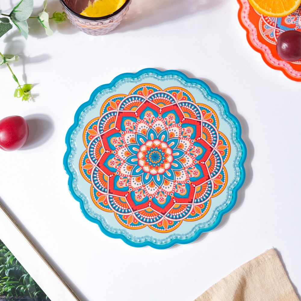 Floral Mandala Ceramic Trivet Blue Orange 8 Inch