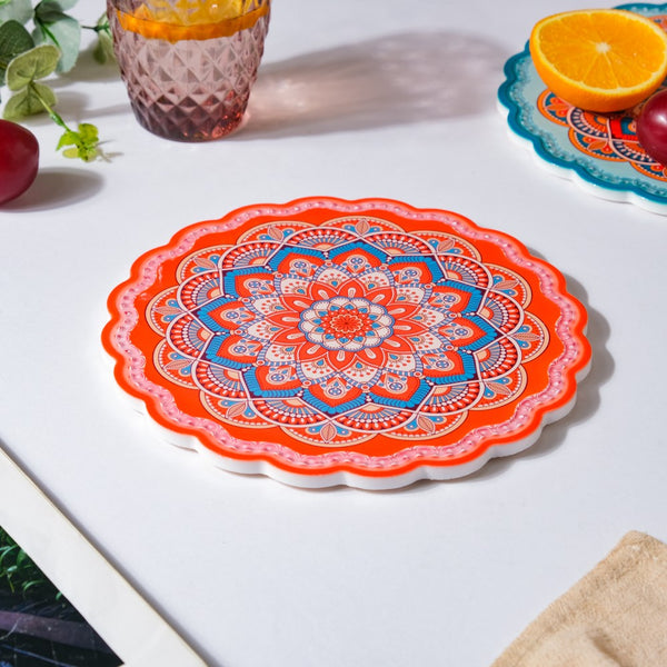 Floral Round Zellij Art Ceramic Trivet Orange 7.5 Inch