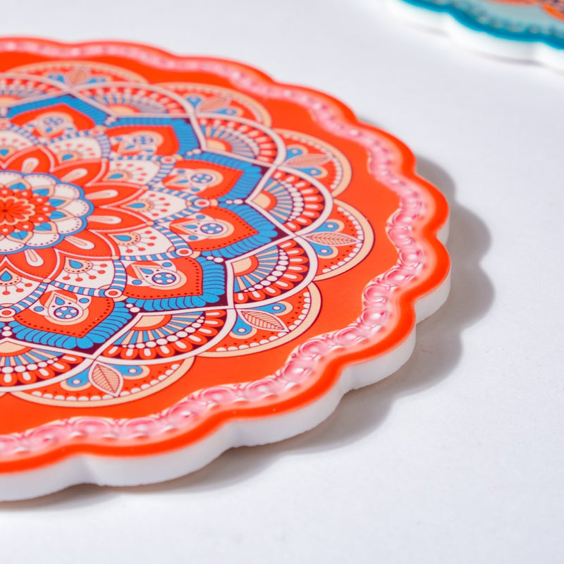 Floral Round Zellij Art Ceramic Trivet Orange 7.5 Inch