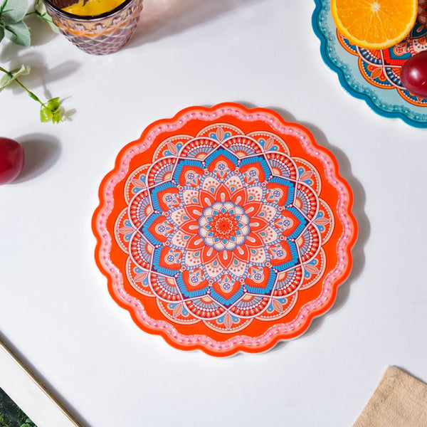 Floral Round Zellij Art Ceramic Trivet Orange 7.5 Inch