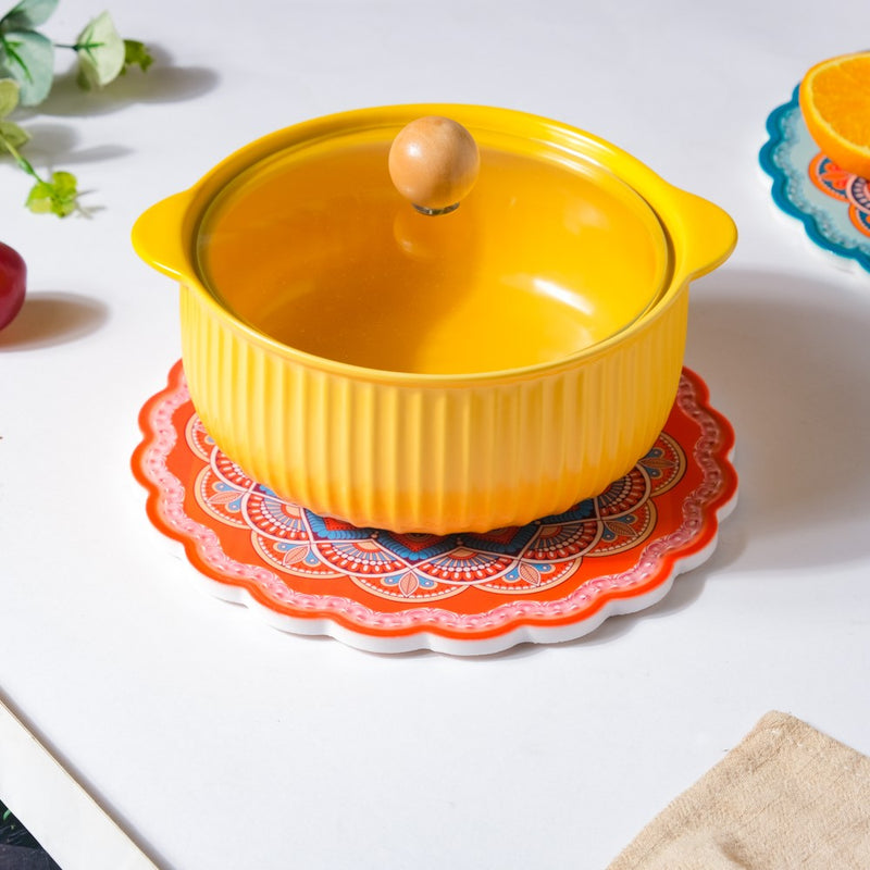 Floral Round Zellij Art Ceramic Trivet Orange 7.5 Inch