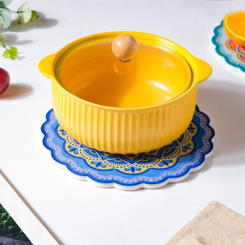 Floral Round Zellij Art Ceramic Trivet Blue 7.5 Inch