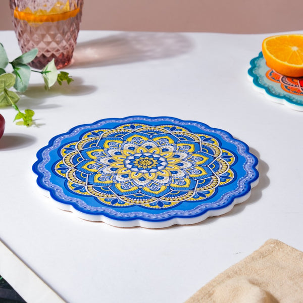 Floral Round Zellij Art Ceramic Trivet Blue 7.5 Inch