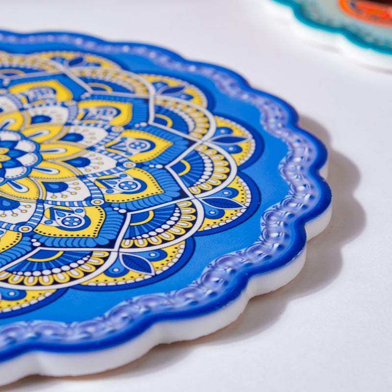 Floral Round Zellij Art Ceramic Trivet Blue 7.5 Inch