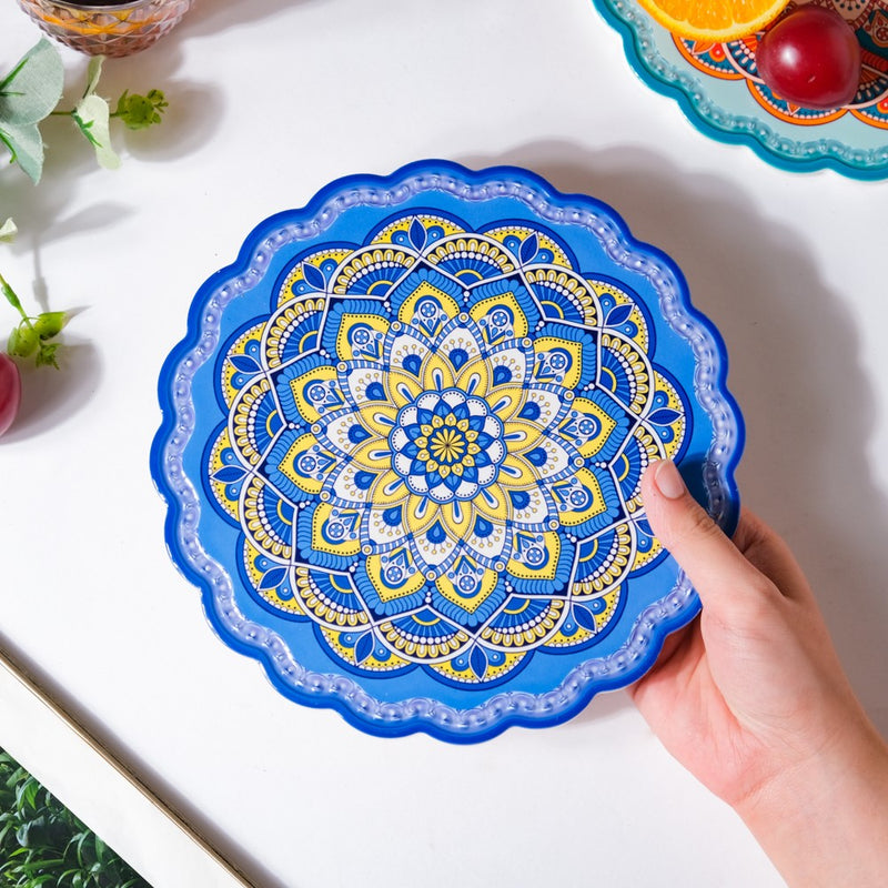Floral Round Zellij Art Ceramic Trivet Blue 7.5 Inch