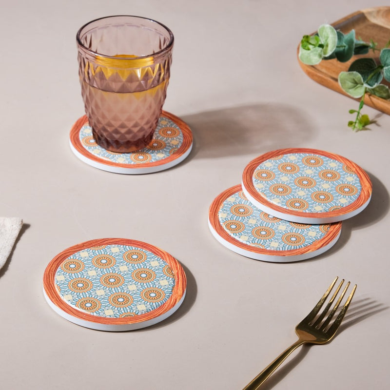 Zellij Art Framed Round Ceramic Coaster Blue And Orange Set of 4