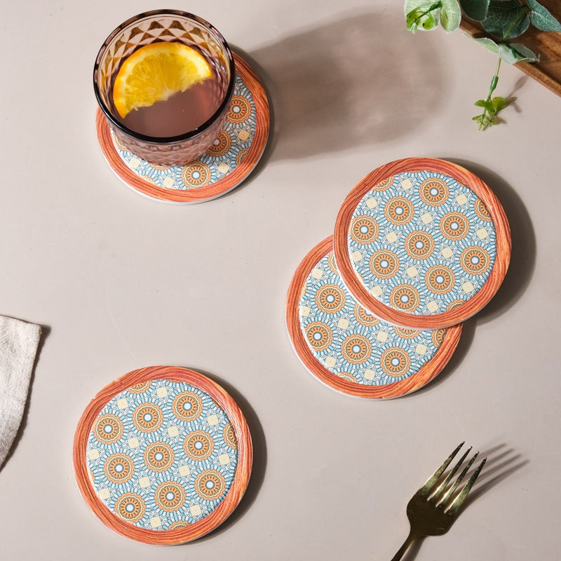 Zellij Art Framed Round Ceramic Coaster Blue And Orange Set of 4