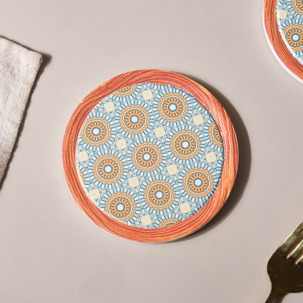 Zellij Art Framed Round Ceramic Coaster Blue And Orange Set of 4