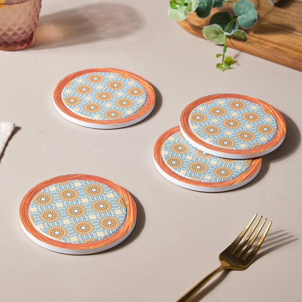 Zellij Art Framed Round Ceramic Coaster Blue And Orange Set of 4