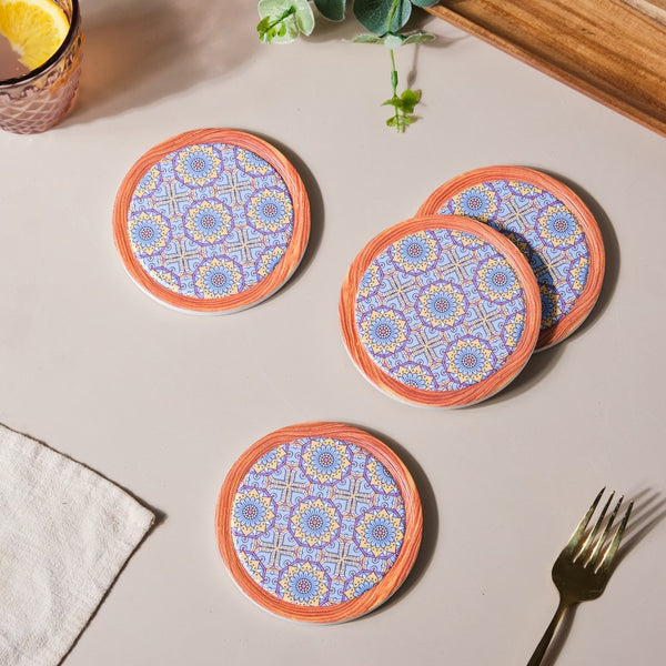 Zellij Art Framed Round Ceramic Coaster Purple And Yellow Set of 4