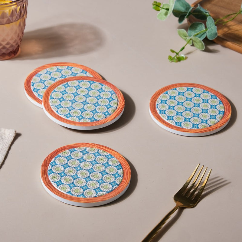 Zellij Art Framed Round Ceramic Coaster Blue And Green Set of 4