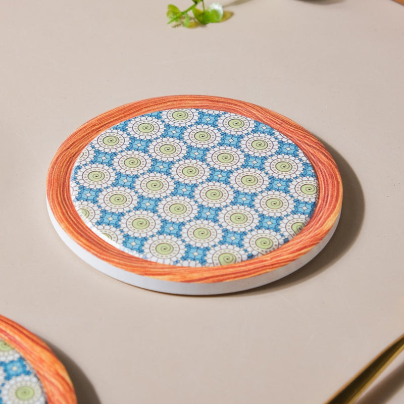 Zellij Art Framed Round Ceramic Coaster Blue And Green Set of 4