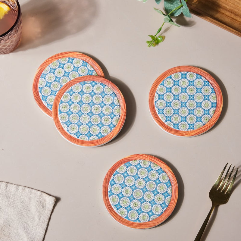 Zellij Art Framed Round Ceramic Coaster Blue And Green Set of 4
