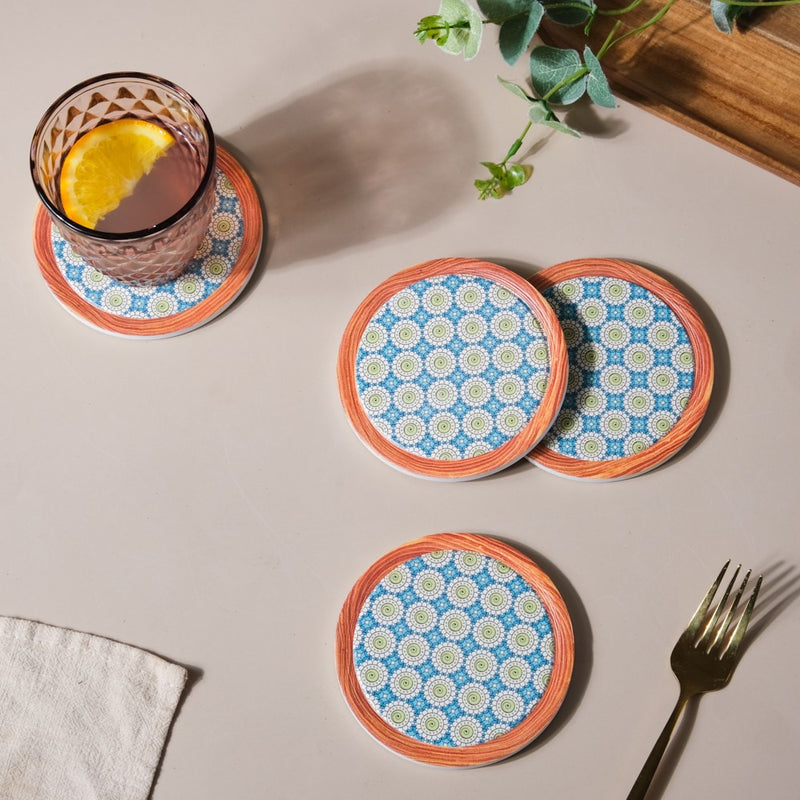 Zellij Art Framed Round Ceramic Coaster Blue And Green Set of 4