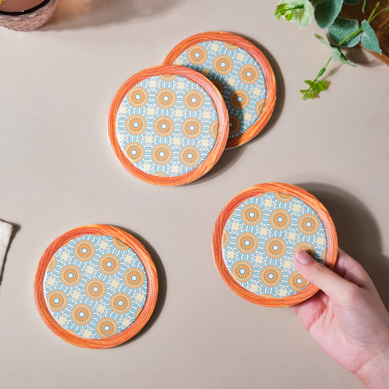 Zellij Art Framed Round Ceramic Coaster Blue And Orange Set of 4
