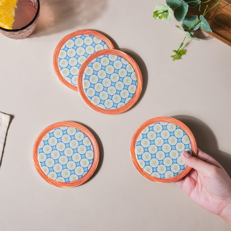 Zellij Art Framed Round Ceramic Coaster Blue And Green Set of 4