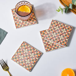 Floral Garden Zellij Art Square Ceramic Coaster Brown And Orange Set of 4