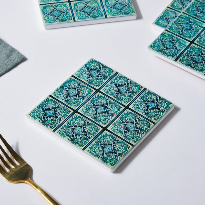 Zellij Art Floral Patterned Square Ceramic Coaster Blue And Green Set of 4