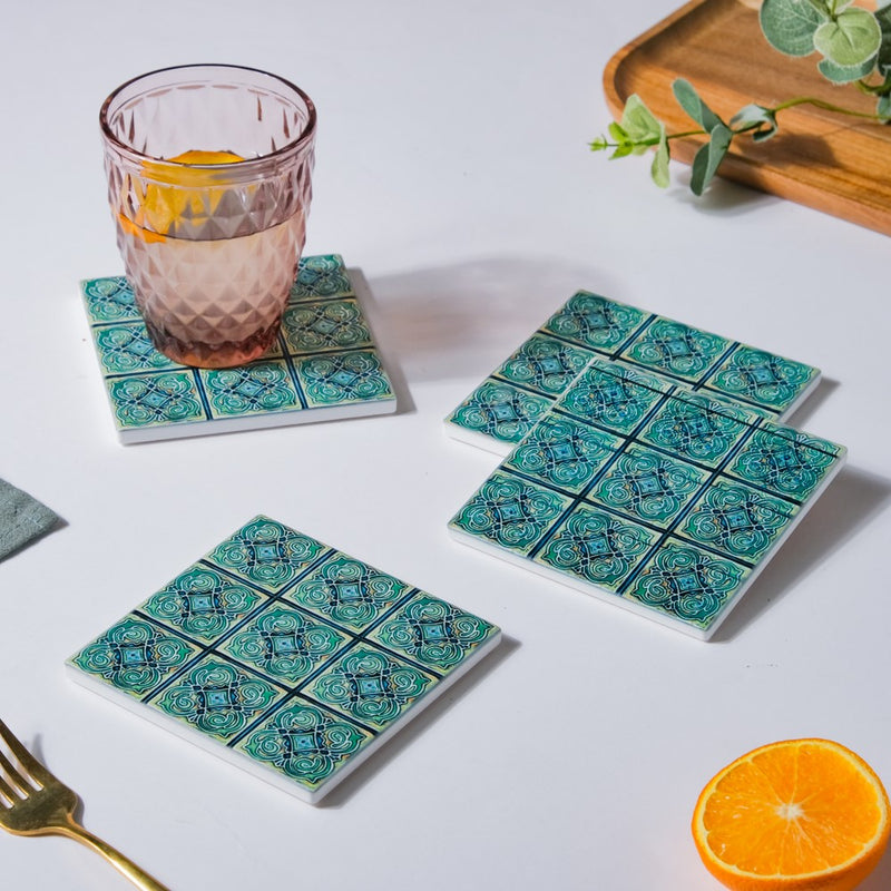 Zellij Art Floral Patterned Square Ceramic Coaster Blue And Green Set of 4