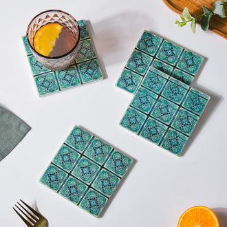 Zellij Art Floral Patterned Square Ceramic Coaster Blue And Green Set of 4