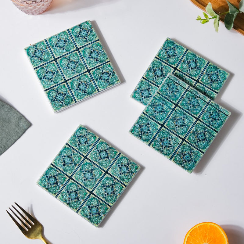 Zellij Art Floral Patterned Square Ceramic Coaster Blue And Green Set of 4