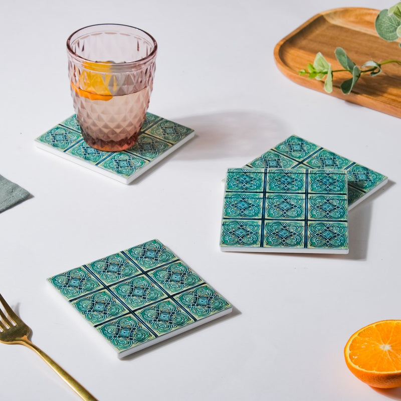 Zellij Art Floral Patterned Square Ceramic Coaster Blue And Green Set of 4