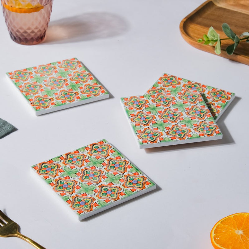 Green Garden Zellij Art Square Ceramic Coaster Green And Orange Set of 4