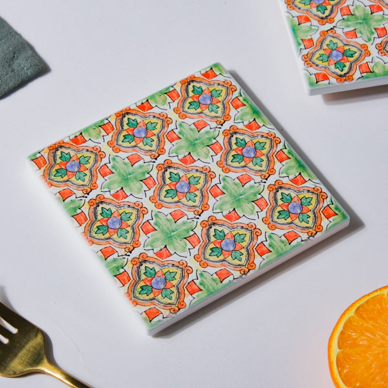 Green Garden Zellij Art Square Ceramic Coaster Green And Orange Set of 4