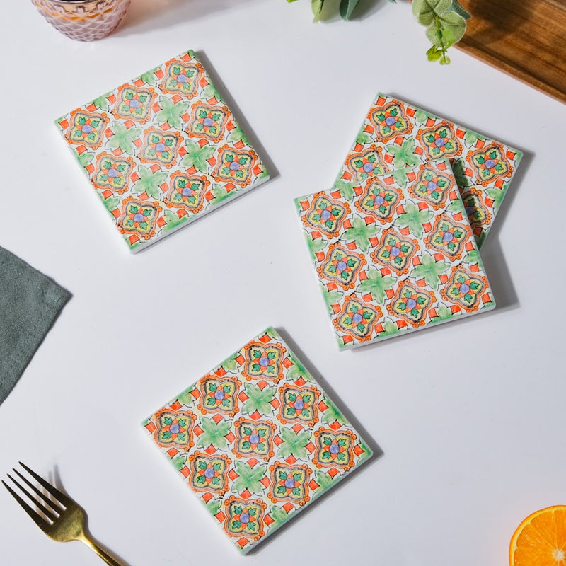 Green Garden Zellij Art Square Ceramic Coaster Green And Orange Set of 4