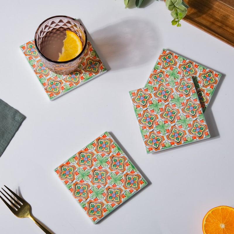 Green Garden Zellij Art Square Ceramic Coaster Green And Orange Set of 4