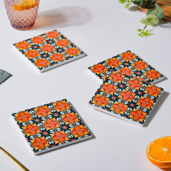 Floral Heaven Zellij Art Square Ceramic Coaster Orange And Black Set of 4