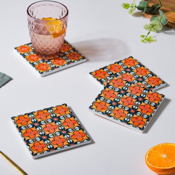 Floral Heaven Zellij Art Square Ceramic Coaster Orange And Black Set of 4