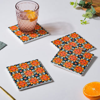 Floral Zellij Square Ceramic Coaster Orange Set of 4