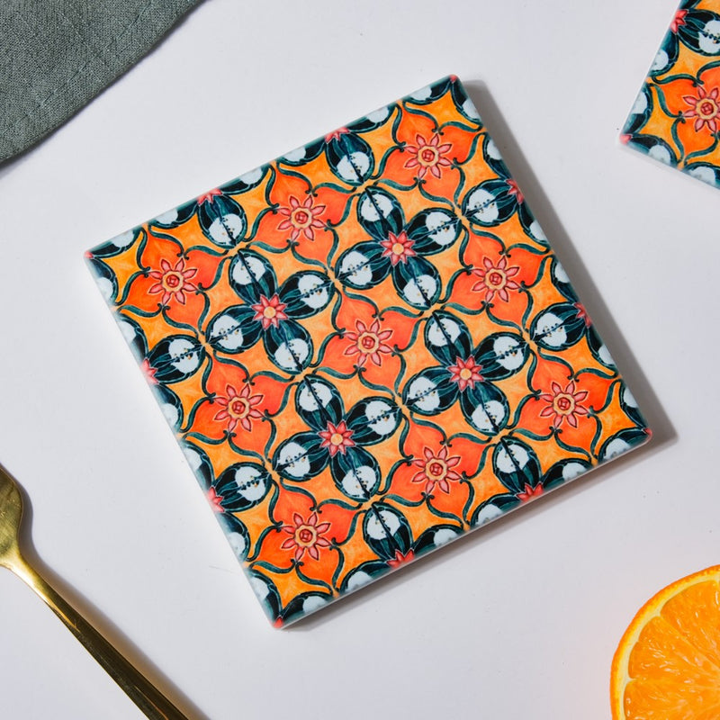Floral Heaven Zellij Art Square Ceramic Coaster Orange And Black Set of 4