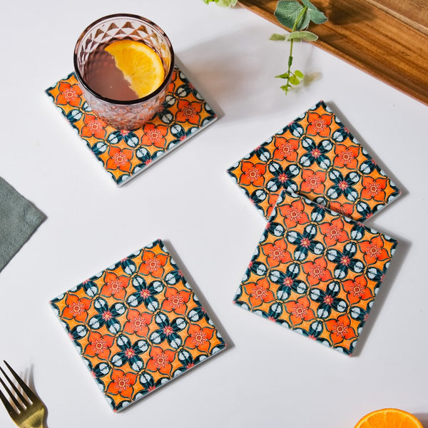 Floral Zellij Square Ceramic Coaster Orange Set of 4