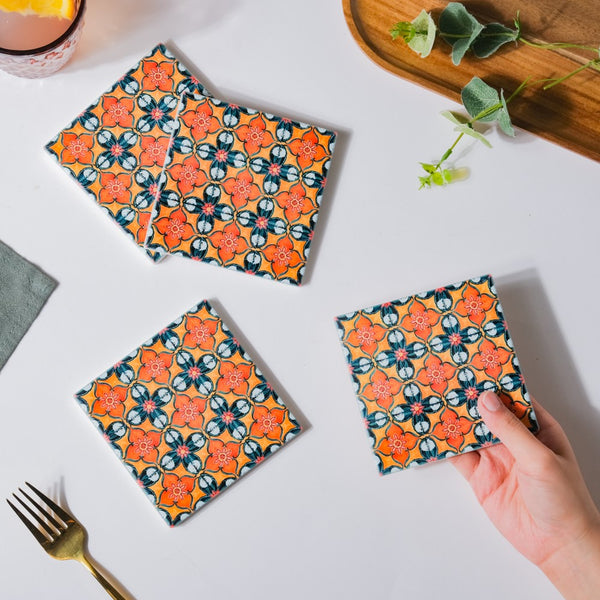 Floral Zellij Square Ceramic Coaster Orange Set of 4