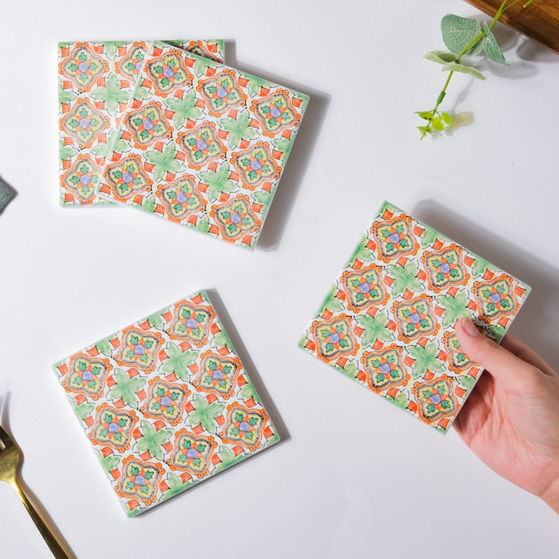 Green Garden Zellij Art Square Ceramic Coaster Green And Orange Set of 4