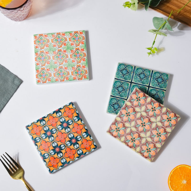 Green Garden Zellij Art Square Ceramic Coaster Green And Orange Set of 4