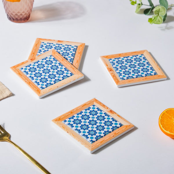 Blue Florals Framed Square Zellij Art Ceramic Coaster Set Of 4