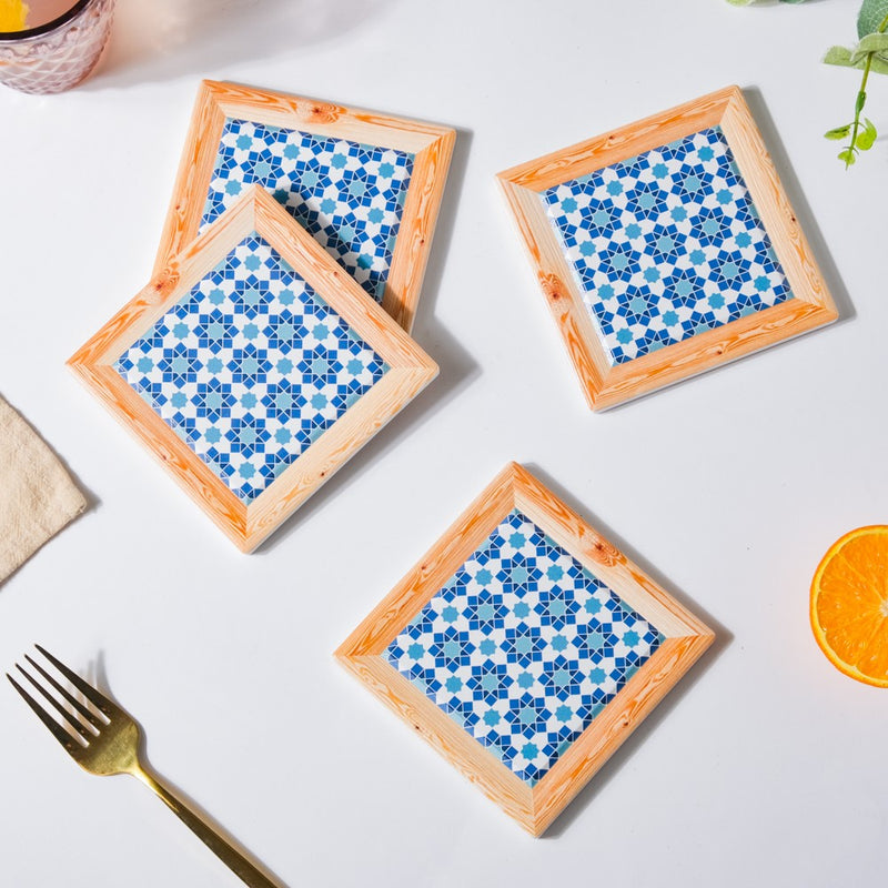 Blue Florals Framed Square Zellij Art Ceramic Coaster Set Of 4