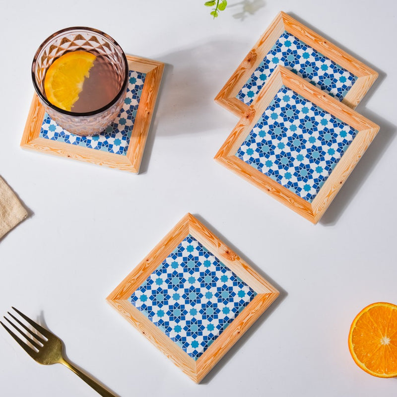 Blue Florals Framed Square Zellij Art Ceramic Coaster Set Of 4