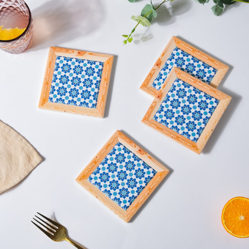 Blue Florals Framed Square Zellij Art Ceramic Coaster Set Of 4