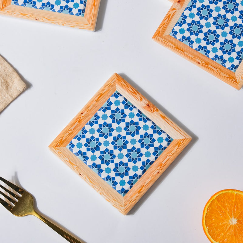 Blue Florals Framed Square Zellij Art Ceramic Coaster Set Of 4