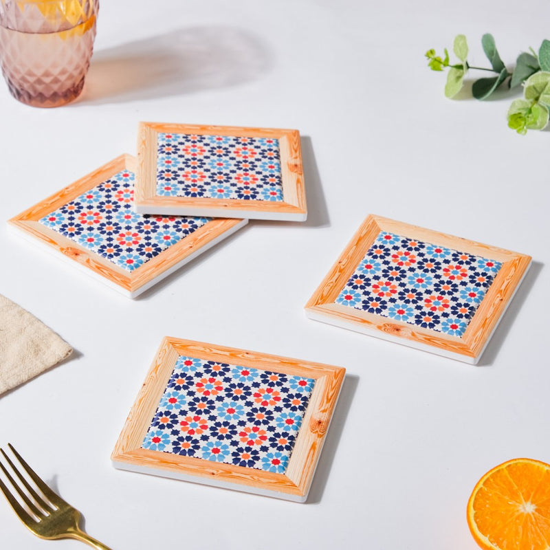 Red And Orange Florals Framed Square Zellij Art Ceramic Coaster Set Of 4