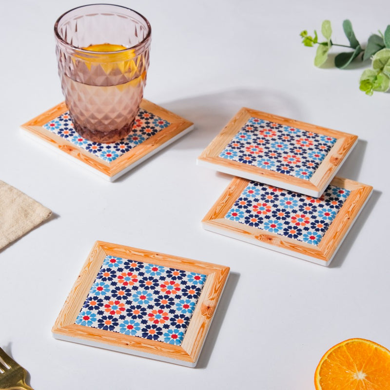Red And Orange Florals Framed Square Zellij Art Ceramic Coaster Set Of 4