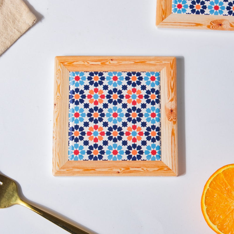 Red And Orange Florals Framed Square Zellij Art Ceramic Coaster Set Of 4
