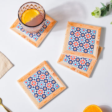 Red And Orange Florals Framed Square Zellij Art Ceramic Coaster Set Of 4