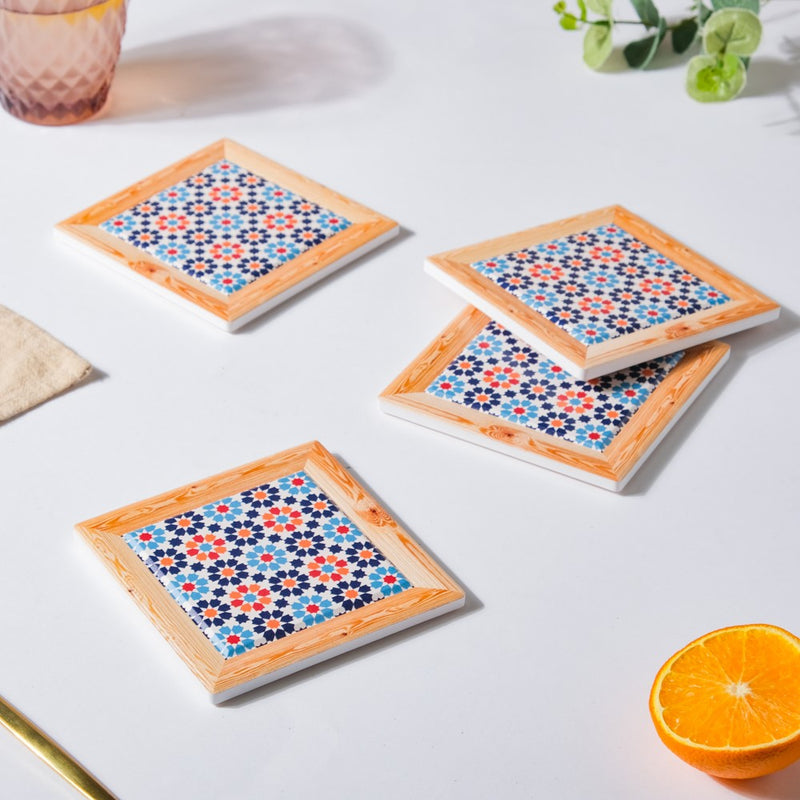 Red And Orange Florals Framed Square Zellij Art Ceramic Coaster Set Of 4