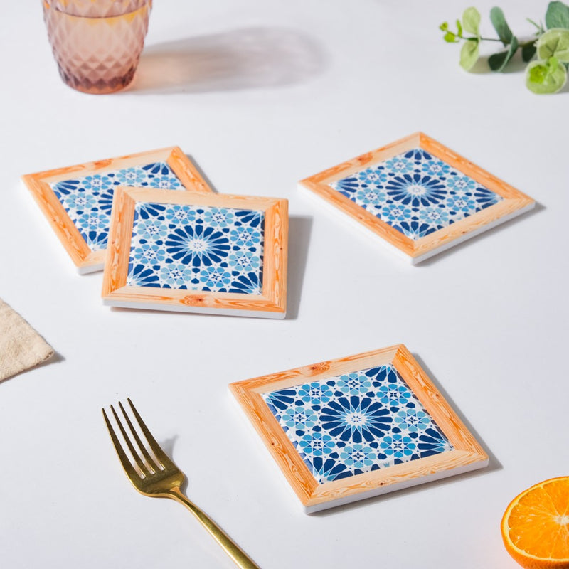 Blue Geometric Florals Framed Square Zellij Art Ceramic Coaster Set Of 4